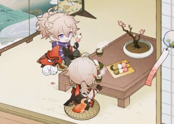 2boys :3 :d antenna_hair armor bandaged_arm bandaged_hand bandages black_gloves black_kimono black_scarf blonde_hair blue_scarf cat chabudai chibi closed_eyes closed_mouth coat commentary cup cushion dango english_commentary facing_away fingerless_gloves flower_pot folding_screen food from_behind genshin_impact gloves green_tea grey_pants hair_between_eyes hand_up haori high_ponytail holding holding_food indoors japanese_armor japanese_clothes kaedehara_kazuha kazuha's_friend_(genshin_impact) kimono kuro_lee leaf_print long_sleeves low_ponytail male_focus maple_leaf_print medium_hair multicolored_hair multiple_boys open_mouth pants petals plant ponytail potted_plant purple_eyes red_coat red_hair red_scarf sanshoku_dango scarf seigaiha short_sleeves shouji shoulder_armor sidelocks sitting sleeping sliding_doors smile sode steam streaked_hair table tassel tea u_u vision_(genshin_impact) wagashi white_cat white_hair white_kimono wide_sleeves wind_chime yunomi zabuton