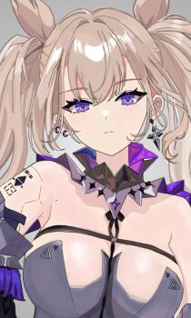 1girl absurdres android blonde_hair body_markings bow breast_bondage breasts bria_(chaos_zero_nightmare) chaos_zero_nightmare close-up clothing_cutout commentary_request cross cross_earrings diamond-shaped_pupils diamond_(shape) double_bun ear_piercing earrings expressionless hair_between_eyes hair_bun hair_intakes highres jaxelev jewelry large_breasts lolita_fashion looking_at_viewer mole mole_on_armpit multiple_piercings number_tattoo piercing ring_piercing shoulder_cutout star_(symbol) star_ornament symbol-shaped_pupils tattoo twintails upper_body