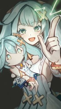 1girl aqua_hair character_doll doll dress faruzan_(genshin_impact) genshin_impact hair_between_eyes hair_ornament highres long_hair looking_at_viewer open_mouth seacat_hz sleeveless sleeveless_dress smile solo symbol-shaped_pupils triangle-shaped_pupils white_dress x_hair_ornament yellow_eyes