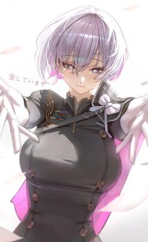 1girl absurdres cape colored_inner_hair commentary_request gloves goddess_of_victory:_nikke grey_hair highres jindogod liliweiss_(nikke) long_sleeves military_uniform multicolored_hair outstretched_arms pink_hair purple_cape shiny_eyes short_hair smile solo star-shaped_pupils star_(symbol) symbol-shaped_pupils translation_request upper_body white_gloves