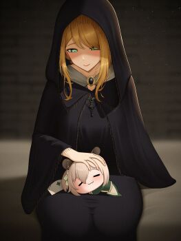 Rule 34 | 2girls, :3, absurdres, animal ears, black cloak, black dress, black gemstone, blonde hair, blurry, blurry background, brooch, brown hair, character request, chibi, cloak, closed eyes, closed mouth, commentary, copyright request, dress, drey525, english commentary, gem, green eyes, headpat, highres, hood, hood up, hooded cloak, indie virtual youtuber, jewelry, long hair, looking down, lying on lap, mini person, minigirl, multiple girls, nimi nightmare, sitting, sleeping, smile, swept bangs, tapir ears, tapir girl, taut clothes, taut dress, virtual youtuber