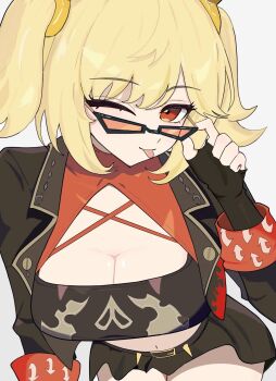 Rule 34 | 1girl, ;p, adjusting eyewear, black jacket, black skirt, black tube top, blonde hair, blush, breasts, burnice white, cleavage, commentary request, criss-cross straps, crop top, fingerless gloves, gloves, highres, jacket, large breasts, looking at viewer, looking over eyewear, mizutti1111, navel, one eye closed, orange-tinted eyewear, red-tinted eyewear, red eyes, simple background, skirt, smile, solo, spiked belt, spiked jacket, strapless, sunglasses, tinted eyewear, tongue, tongue out, tube top, twintails, white background, zenless zone zero