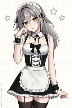 1girl apron artist_name bare_shoulders black_dress black_ribbon black_thighhighs black_wrist_cuffs breasts cleavage collarbone commentary_request dress frilled_wrist_cuffs frills grey_hair grid_background hair_between_eyes hair_intakes hand_on_own_face highres honkai:_star_rail honkai_(series) light_blush long_hair looking_at_viewer maid maid_apron maid_headdress medium_breasts nail_polish parted_lips ribbon sidelocks solo standing stelle_(honkai:_star_rail) thighhighs trailblazer_(honkai:_star_rail) twitter_username vickie_(cryingrobot) white_background wrist_cuffs yellow_eyes yellow_nails