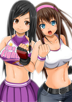 belt black_hair blush breasts brown_eyes brown_hair cheerleader cleavage clothes_writing dead_or_alive dead_or_alive_5 denim fingerless_gloves gloves hairband hitomi_(doa) jeans kokoro_(doa) locked_arms long_hair looking_at_viewer midriff official_alternate_costume open_mouth pants pink_hairband purple_skirt skirt suzuna_(najaran) sweatband swept_bangs tank_top white_tank_top
