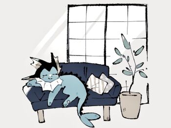 animal_focus blue_skin closed_eyes closed_mouth colored_skin couch fusuma gen_1_pokemon nintendo no_humans on_couch pillow plant pokemon pokemon_(creature) pokemon_focus potted_plant sliding_doors smile vaporeon white_background zugvogel_0525