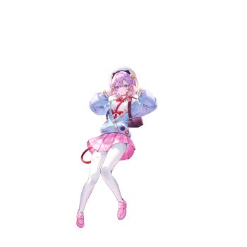 1girl adapted_costume animal_ear_hairband animal_ears backpack bag black_bag black_hairband blue_jacket bow bowtie buttons cat_ear_hairband cat_ears closed_mouth collared_shirt fake_animal_ears full_body game_cg hair_ornament hairband hat heart heart_button heart_hair_ornament heart_hands highres jacket komeiji_satori loafers long_sleeves looking_at_viewer non-web_source official_art pantyhose pink_eyes pink_hair pink_shoes pink_skirt plaid_clothes plaid_skirt pleated_skirt puffy_long_sleeves puffy_sleeves red_bow red_bowtie second-party_source shirt shoes short_hair simple_background skirt smile solo third_eye touhou touhou_gensou_eclipse transparent_background u_u_zan white_hat white_pantyhose white_shirt