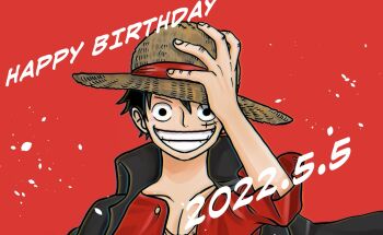 1boy 70p_w0 black_hair clenched_teeth commentary_request dated hand_on_own_hat happy_birthday hat highres looking_at_viewer male_focus monkey_d._luffy one_piece red_background red_shirt scar scar_on_face shirt short_hair simple_background smile solo straw_hat teeth