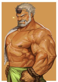 Rule 34 | 1boy, absurdres, bara, bare pectorals, beard, brown background, brown eyes, clenched hand, facial hair, hand on own hip, highres, hogen (housamo), horns, looking at viewer, male focus, muscular, muscular male, mustache, nipples, pectorals, simple background, single horn, smile, solo, sparkle, standing, tokyo houkago summoners, topless male, towel, towel on one shoulder, traver009, veins, white hair
