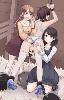 1boy 2girls anal anal_fisting bdsm bound bound_wrists brown_hair collar crossdressing femdom fisting handjob high_heels highres kikiu_bd leaning_forward male_penetrated male_penetration milking_handjob multiple_girls penis penis_milking prostate_milking restrained thighhighs trap