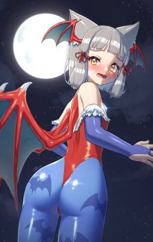 1girl alten alternate_costume animal_ears animal_print ass bat_print bat_wings blue_pantyhose blunt_bangs blush bridal_gauntlets cat_ears chest_jewel cosplay darkstalkers dutch_angle embarrassed facial_mark flat_chest from_behind from_below full_moon fur-trimmed_leotard fur_trim grey_hair head_wings highleg highleg_leotard highres leotard lilith_(darkstalkers) lilith_(darkstalkers)_(cosplay) looking_back moon nia_(xenoblade) night night_sky off-shoulder_leotard open_mouth pantyhose pear-shaped_figure print_pantyhose red_leotard short_hair sky solo wings xenoblade_chronicles_(series) xenoblade_chronicles_2 yellow_eyes