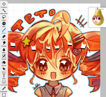 +++ 1girl ahoge art_program_in_frame blush character_name chibi chibi_only cirsqn collared_shirt commentary drill_hair grey_shirt hair_between_eyes hair_ornament hairclip heart heart_hair_ornament highres kasane_teto looking_at_viewer open_mouth parallel_hairclips pearto red_eyes red_hair shirt short_hair smile solo star_(symbol) star_hair_ornament straight-on twin_drills utau