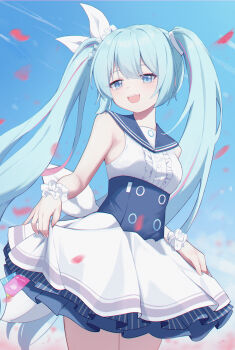 1girl absurdres aqua_halo black_sailor_collar blue_archive blue_eyes blue_hair blush bow breasts center_frills clothes_lift collarbone commentary_request dress fingernails frilled_dress frills hair_between_eyes hair_ornament halo hatsune_miku hatsune_miku_(blue_archive) high-waist_skirt highres holding lifting_own_clothes lishu_(2013547716) long_hair medium_breasts multicolored_hair nail_polish open_mouth pink_hair sailor_collar scrunchie signature skirt skirt_lift sleeveless sleeveless_dress smile solo streaked_hair tilted_halo twintails very_long_hair vocaloid white_dress white_nails white_scrunchie white_skirt wrist_scrunchie