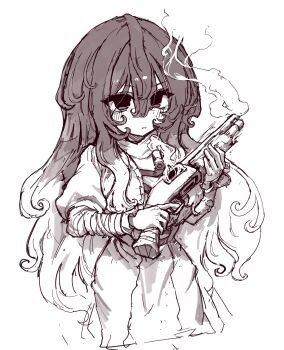 Rule 34 | 1girl, absurdres, breasts, commentary, dress, gradient hair, greyscale, gun, hair between eyes, highres, hijiri byakuren, holding, holding gun, holding weapon, korean commentary, large breasts, layered dress, long hair, long sleeves, looking at viewer, monochrome, multicolored hair, rampa93, smoke, smoking barrel, solo, touhou, very long hair, weapon