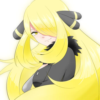 Rule 34 | 1girl, breasts, commentary request, cynthia (pokemon), eyelashes, hair over one eye, haru (haru4782), highres, long hair, looking at viewer, medium breasts, nintendo, pokemon, pokemon dppt, sideboob, simple background, smile, upper body, very long hair, white background, yellow eyes
