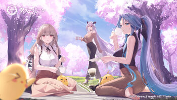 Rule 34 | > <, 3girls, aegir (azur lane), alternate costume, ass, azur lane, bare shoulders, black choker, black pants, black ribbon, black shirt, blue eyes, blue sky, breasts, brown pants, brown shirt, brown skirt, cherry blossoms, choker, cleavage, commentary, cup, day, demon horns, drinking, flower, formidable (azur lane), grey hair, hair ribbon, highres, holding, holding cup, horns, large breasts, long hair, long legs, long sleeves, looking at viewer, low twintails, manjuu (azur lane), multicolored hair, multiple girls, off-shoulder shirt, off shoulder, official art, outdoors, pants, pink flower, ponytail, red eyes, red streaks, ribbon, shirt, sitting, skirt, sky, sleeveless, sleeveless shirt, sola (solo0730), sovetskaya belorussiya (azur lane), streaked hair, twintails, two-tone hair, two-tone ribbon, very long hair, wariza, white hair, white ribbon, white shirt