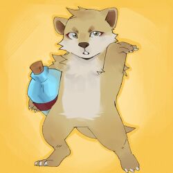 Rule 34 | 1boy, afk journey, bottle, claws, commentary, english commentary, full body, furry, furry male, holding, holding bottle, looking at viewer, male focus, meerkat boy, meerkat ears, meerkat tail, meerky (afk journey), roni orin, yellow background