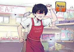 Rule 34 | 1boy, anger vein, angry, antenna hair, apron, arm up, black hair, brown eyes, brown pants, bug, buttons, clenched hand, clenched teeth, clothes writing, collared shirt, english text, fly, flyswatter, hair behind ear, hair between eyes, holding, indoors, insect, looking at animal, magiaigam, omori, pants, red apron, shaded face, shirt, sign, solo, sunny (omori), teeth, v-shaped eyebrows, white shirt, window