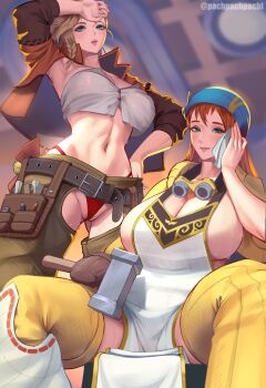 2girls abs absurdres arm_up armpits bandana belt blonde_hair blue_bandana blue_eyes blurry blurry_background blush braid breasts brown_belt chaps cleavage cropped_jacket curvy gemma_(monster_hunter_wilds) gluteal_fold goggles goggles_around_neck green_eyes hammer hand_on_own_hip highres holding holding_hammer huge_breasts jacket large_breasts long_hair looking_at_viewer minayle_(monster_hunter) monster_hunter_(series) multiple_girls navel open_clothes open_jacket orange_hair pachpachpach panties parted_lips red_panties sitting smile spread_legs standing strapless sweat thighhighs tool_belt tools tube_top twitter_username underwear wiping_sweat yellow_thighhighs