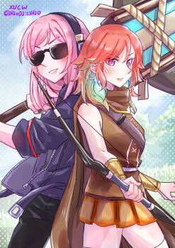 2girls absurdres alternate_costume blush breasts couple earrings feather_earrings feathers gradient_hair green_highlights highres hololive hololive_english jewelry large_breasts long_hair mori_calliope multicolored_hair multiple_girls open_mouth orange_hair pink_hair purple_eyes smile takanashi_kiara virtual_youtuber xu_chin-wen yuri