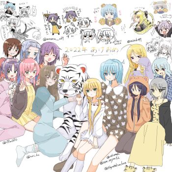 aizawa_sakuya animal_ear_hood animal_slippers asakaze_risa ayasaki_hayate blonde_hair blue_eyes blue_hair blue_shirt bow brown_hair dress drill_hair fake_animal_ears green_eyes grey_eyes group_picture hair_bow hair_ribbon hairband hanabishi_miki happy_new_year hayate_no_gotoku! highres hood hoodie katsura_hinagiku maria_(hayate_no_gotoku!) new_year nightgown nishizawa_ayumu orange_hoodie pajamas pink_hair pink_hairband purple_hair red_eyes reiya52 ribbon saginomiya_isumi sanzen&#039;in_nagi segawa_izumi segawa_kotetsu shirt sitting slippers socks stuffed_animal stuffed_toy suirenji_ruka tama_(hayate_no_gotoku) tennousu_athena tiger twintails white_dress white_tiger yellow_dress yellow_eyes