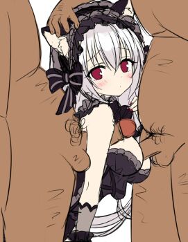 1girl 2boys animal_ears armpit_sex bad_source bare_shoulders black_bow black_dress black_hairband bow breasts cat_ears cat_girl cleavage dress fat fat_man group_sex hairband hand_on_another&#039;s_head long_hair medium_breasts mitsuba_choco multiple_boys oppai_loli original paizuri paizuri_under_clothes penis perpendicular_paizuri rape red_eyes reverse_paizuri sketch thighhighs very_long_hair white_hair