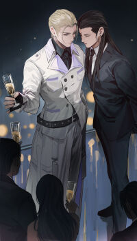 absurdres arms_behind_back belt belt_buckle bindi black_belt black_footwear black_gloves black_hair black_jacket black_necktie black_pants black_suit blonde_hair blue_eyes buckle champagne_flute closed_eyes coat collared_shirt cup drinking_glass earrings final_fantasy final_fantasy_vii final_fantasy_vii_remake fingerless_gloves formal_clothes from_above gloves grey_shirt hair_pulled_back hair_slicked_back half-closed_eyes half_updo highres holding holding_cup jacket jewelry long_coat long_hair long_sleeves looking_at_another male_focus multiple_boys necktie pants rufus_shinra shirt short_hair shou_rou sidelocks square_enix suit suit_jacket tseng white_coat white_shirt yaoi