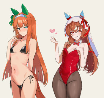 2girls absurdres alternate_costume animal_ears arm_behind_back asymmetrical_hair bikini black_bikini black_pantyhose blue_eyes blunt_bangs blush bow bowtie breasts brown_hair chinese_commentary closed_mouth commentary_request cowboy_shot detached_collar ear_covers ear_ribbon g_bael_suomi grey_background grin hairband hand_on_own_chest hand_to_own_mouth heart highleg highleg_leotard highres horse_ears horse_girl horse_tail leotard long_hair looking_at_viewer multicolored_hair multiple_girls navel orange_hair pantyhose playboy_bunny red_bow red_bowtie red_eyes red_leotard red_ribbon ribbon ribs side-tie_bikini_bottom sidelocks silence_suzuka_(umamusume) simple_background small_breasts smile standing still_in_love_(umamusume) stomach straight_hair streaked_hair string_bikini swimsuit tail umamusume veil white_hair white_hairband white_veil