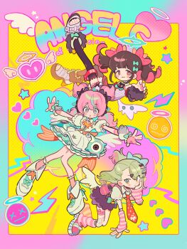 3girls :3 @_@ absurdres bandaid bandaid_hair_ornament bare_shoulders black_hair black_skirt black_thighhighs blue_eyes blue_hair blue_streaks blush bow chinatsu_remiel closed_mouth colored_inner_hair commentary crossed_bangs crosshair_pupils detached_sleeves dotted_background dress earrings emoji english_commentary english_text fingerless_gloves frilled_dress frills full_body fur-trimmed_skirt fur-trimmed_sleeves fur_trim gloves green_bow green_hair green_halo hair_ornament halo hand_on_own_cheek hand_on_own_face heart highres jewelry knees_together_feet_apart leg_warmers lightning_bolt_symbol long_hair looking_at_viewer mole mole_under_eye multicolored_hair multiple_girls multiple_hair_clips multiple_thigh_straps musical_note_earrings necktie official_art open-toe_shoes open_mouth outstretched_arms pink_arm_warmers pink_bag pink_gloves pink_hair pink_leg_warmers red_eyes red_necktie rokudu_sariel shirt shoes short_twintails skirt star_(symbol) streaked_hair striped_arm_warmers striped_leg_warmers thigh_strap thighhighs too_many_bows twintails white_dress white_shirt white_shoes white_wings winged_bag winged_heart wings yellow_background yutane_johiel zenless_zone_zero