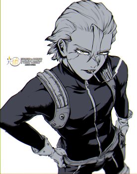 1boy absurdres belt chromatic_aberration cigarette dr._stone gloves gun hair_between_eyes hair_slicked_back hands_on_own_hips highres holster long_sleeves looking_at_viewer male_focus mitsuru_(aica_hikari) monochrome scar scar_on_face short_hair simple_background smoke smoking solo stanley_snyder_(dr.stone) weapon white_background yellow_eyes zipper