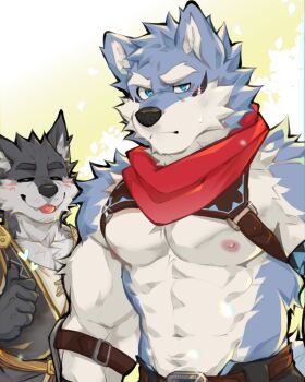 2boys abs absurdres animal_ears artist_self-insert bara blue_eyes blush claws closed_eyes commentary cosplay crave_saga english_commentary furrification furry furry_male fwflunky hakuma_(crave_saga) heart highres looking_at_viewer male_focus multiple_boys muscular muscular_male neckerchief nipples original pectorals protagonist_(crave_saga) protagonist_(crave_saga)_(cosplay) red_neckerchief sweatdrop thumbs_up tongue tongue_out topless_male wolf_boy wolf_ears