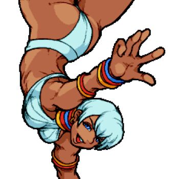 1girl anklet ass barefoot bikini blue_eyes blush bra bracelet breasts capcom capoeira countgate dark-skinned_female dark_skin earrings elena_(street_fighter) handstand jewelry lingerie medium_breasts neck_ring pixel_art ring short_hair street_fighter street_fighter_iii_(series) swimsuit underwear white_hair
