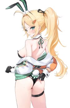 1girl absurdres ahoge animal_ears aqua_eyes ass back bare_back bare_shoulders black_gloves black_leotard black_survival blonde_hair breasts carrot_hair_ornament cowboy_shot detached_collar eternal_return:_black_survival fake_animal_ears fake_tail food-themed_hair_ornament from_behind gloves green_jacket hair_ornament hair_ribbon hairband hashtag-only_commentary highres jacket leotard long_hair long_sleeves looking_at_viewer looking_back medium_breasts multicolored_jacket nicky_blake nicky_blake_(bad_beat) off_shoulder official_alternate_costume parted_lips partially_fingerless_gloves playboy_bunny ponytail rabbit_ears rabbit_tail ribbon shoulder_blades sidelocks simple_background solo standing strapless strapless_leotard sweat tail takealook thigh_strap thighs two-tone_jacket white_background wrist_cuffs