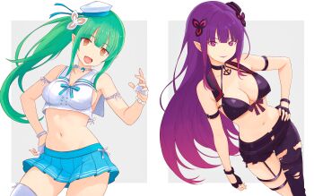 2girls absurdres anchor_choker asymmetrical_clothes asymmetrical_legwear asymmetrical_pants bare_shoulders belt bikini bikini_top_only black_bow black_eyes black_flower black_gloves blue_pupils blue_skirt bow breasts chain choker cleavage closed_mouth commentary commission commissioner_upload cosplay crop_top dolphin elf eyeshadow fate/grand_order fate_(series) fingerless_gloves flower gloves gradient_hair green_hair hair_between_eyes hair_flower hair_ornament hand_on_own_hip hat highres jeanne_d&#039;arc_(fate) jeanne_d&#039;arc_(mystery_treasure)_(fate) jeanne_d&#039;arc_(mystery_treasure)_(fate)_(cosplay) jeanne_d&#039;arc_alter_(fate) jeanne_d&#039;arc_alter_(mystery_treasure)_(fate) jeanne_d&#039;arc_alter_(mystery_treasure)_(fate)_(cosplay) jeanne_d&#039;arc_alter_(swimsuit_berserker)_(fate) large_breasts long_hair looking_at_viewer lyra_(re:zero) makeup medium_breasts midriff mini_hat multicolored_eyes multicolored_hair multiple_girls navel official_alternate_costume open_mouth orange_eyes pants pleated_skirt pointy_ears purple_eyes purple_eyeshadow purple_hair purple_lips re:zero_kara_hajimeru_isekai_seikatsu re:zero_kara_hajimeru_isekai_seikatsu:_lost_in_memories sailor_collar second-party_source shion_(re:zero) shirt side_ponytail sideboob simple_background single_pantsleg skirt smile standing swimsuit thighhighs torn_clothes torn_pants truejekart very_long_hair white_flower white_gloves white_hat white_shirt white_thighhighs