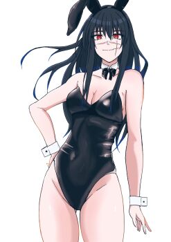 1girl animal_ear_hairband animal_ears black_bow black_bowtie black_hair black_leotard bow bowtie breasts chainsaw_man cleavage collarbone commentary_request covered_navel detached_collar fake_animal_ears groin hairband hand_on_own_hip highres leotard long_hair looking_at_viewer osiruko_nomenai playboy_bunny rabbit_ear_hairband rabbit_ears red_eyes scar scar_on_face simple_background solo standing strapless strapless_leotard white_background wrist_cuffs yoru_(chainsaw_man)