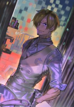 Rule 34 | 1boy, blonde hair, commentary, curly eyebrows, dutch angle, facial hair, goatee, hair over one eye, highres, indoors, male focus, mrjieshisu, mustache, one piece, sanji (one piece), shirt, short hair, solo, symbol-only commentary, twitter username, vest, white shirt, white vest