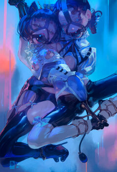 1=2 2girls anal anal_object_insertion animal_ears ball_gag bdsm black_hair blue_leotard bondage bondage_outfit bound bound_arms bound_legs breast_cutout breasts corset cuffs fake_animal_ears female_focus fetish_wear gag gag_harness gagged high_heels highres leotard loli medium_hair multiple_girls nipple_piercing nipples object_insertion original pants piercing small_breasts spread_legs suspension white_corset white_pants wrist_cuffs wrists_cuffed_together wrists_tied_together