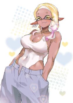 1girl absurdres alternate_costume baggy_pants blonde_hair blush breasts covered_navel cowboy_shot dark-skinned_female dark_skin dutch_angle earrings fangs frye_(splatoon) hands_in_pockets heart highres inkling jewelry large_breasts looking_at_viewer mokana_moka multiple_piercings nintendo one-piece_swimsuit pants pointy_ears smile solo splatoon_(series) splatoon_3 swimsuit swimsuit_under_clothes tentacle_hair unbuttoned_pants yellow_eyes