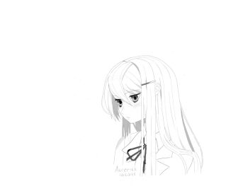 1girl blazer blush collared_shirt doki_doki_literature_club doki_doki_literature_club_school_uniform hair_intakes hair_ornament hairclip hairpin jacket long_hair monochrome neck_ribbon non-web_source parted_lips ribbon school_uniform self-upload shirt tagme yuri_(doki_doki_literature_club)