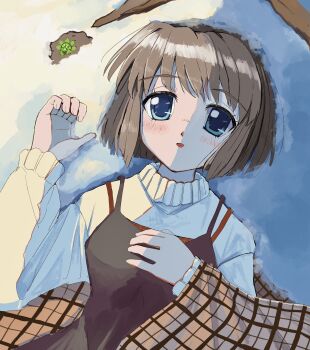 1girl black_dress blue_eyes blush brown_hair brown_shawl dress happy_birthday highres kanon kotai_name long_sleeves looking_at_viewer lying misaka_shiori on_back on_ground open_mouth plaid_clothes plaid_shawl plant_roots shawl short_hair smile snow solo spaghetti_strap sweater white_sweater