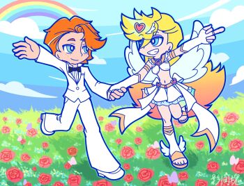 Rule 34 | 1boy, 1girl, angel, angel wings, blonde hair, blue eyes, blue sky, breasts, brief (psg), chinese commentary, chinese text, cloud, couple, earrings, feathered wings, flower, freckles, gladiator sandals, grass, hair ornament, hair pulled back, heart, heart hair ornament, hetero, highres, jewelry, legs, long hair, middle finger, midriff, miniskirt, multicolored hair, navel, official style, on grass, orange hair, panty &amp; stocking with garterbelt, panty &amp; stocking with garterbelt (style), panty (psg), rainbow, rose, sandals, skirt, sky, smile, teeth, thighs, tuxedo, two-tone hair, winged sandals, wings, yngjinhn290201