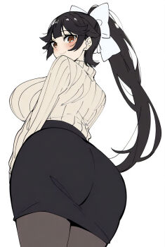 1girl ass azur_lane black_hair breasts brown_eyes commentary_request from_behind from_below hair_ears hair_flaps harumi_nuts high_ponytail highres large_breasts long_hair official_alternate_costume ponytail ribbed_sweater simple_background smile solo sweater takao_(azur_lane) takao_(inner_cultivation)_(azur_lane) turtleneck turtleneck_sweater white_background white_sweater