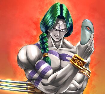 Rule 34 | 0609hien, bracelet, braid, braided ponytail, claw (weapon), clawed gauntlets, cosplay, dragonball z, face mask, fiery background, fire, gold bracelet, green hair, head ornament, highres, holding, jewelry, mask, muscular, muscular male, purple eyes, shirtless male, snake tattoo, street fighter, tattoo, upper body, vega (street fighter), weapon, zarbon