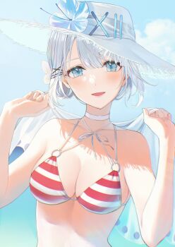 1girl absurdres bare_arms bare_shoulders bikini blue_eyes blush breasts choker cleavage cloud collarbone commentary_request criss-cross_halter flower hair_ornament hairclip halterneck hat hat_flower highres holding large_breasts looking_at_viewer magako multi-strapped_bikini_top o-ring o-ring_top ocean official_art open_mouth sarong short_hair sidelocks siesta_(tantei_wa_mou_shindeiru) sky smile solo stomach string_bikini striped_bikini striped_clothes sun_hat swimsuit tantei_wa_mou_shindeiru unworn_sarong upper_body white_choker white_flower white_hair white_hat white_sarong x_hair_ornament