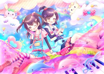 2girls absurdres boots bow brown_hair cat child cloud colorful commentary_request dolphin fashion frutiger_aero gem handheld_game_console heisei_retro highres jacket lanyard leg_warmers long_hair medium_hair multiple_girls musical_note nintendo_ds open_clothes open_jacket open_mouth original overalls pom_pom_(clothes) ponfuta rabbit rainbow revision shooting_star_(symbol) skirt smile tamagotchi tamagotchi_plus treble_clef wand