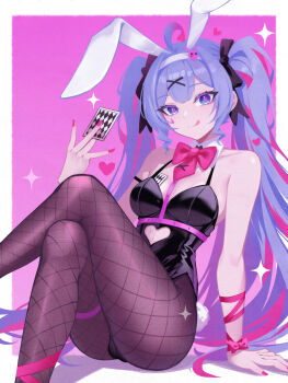 Rule 34 | 1girl, :q, absurdres, ahoge, animal ears, bare shoulders, between breasts, black leotard, black pantyhose, blue eyes, blue hair, bow, bowtie, breasts, brown pantyhose, card, cleavage, closed mouth, clothing cutout, commentary request, crossed legs, cutout above navel, detached collar, facial mark, fake animal ears, fake tail, feet out of frame, fishnet pantyhose, fishnets, fylinchi5945, hair ornament, hairband, hatsune miku, heart, heart cutout, highres, holding, holding card, leotard, long hair, looking at viewer, mark under eye, medium breasts, multicolored hair, nail polish, necktie, pantyhose, pink background, pink bow, pink bowtie, pink hair, pink nails, pink necktie, pink pupils, pink ribbon, playboy bunny, playing card, purple hair, rabbit ears, rabbit hole (vocaloid), rabbit tail, ribbon, sitting, smile, solo, sparkle, streaked hair, tail, teardrop facial mark, thigh strap, tongue, tongue out, twintails, very long hair, vocaloid, white hairband, x hair ornament
