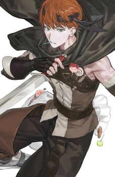 1boy black_cape black_gloves black_headband black_pants brown_shirt candy cape dagger fingerless_gloves fire_emblem fire_emblem_awakening food gaius_(fire_emblem) gloves green_eyes hashibiro_kou_(garapiko_p) headband highres holding holding_dagger holding_knife holding_weapon knife lollipop looking_at_viewer male_focus mouth_hold muscular muscular_male nintendo orange_hair pants shirt short_hair simple_background sleeveless sleeveless_shirt solo sweatdrop weapon white_background
