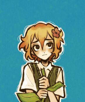 1boy alternate_eye_color basil_(faraway)_(omori) basil_(omori) black_eyes blonde_hair blue_background blush bright_pupils closed_mouth collared_shirt double-parted_bangs flower green_sweater_vest hair_between_eyes hair_flower hair_ornament highres male_focus omori ottie_pops outline shirt short_hair short_sleeves sidelocks simple_background solo sweater_vest upper_body white_outline white_pupils white_shirt