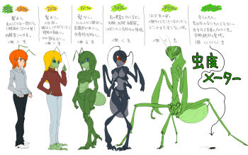 1girl antennae arthropod_girl barefoot black_skin blonde_hair blue_eyes bug carapace chart colored_skin comparison furry_scale green_skin highres hood hoodie mantis monster_girl no_pupils orange_eyes orange_hair pants partially_translated praying_mantis red_eyes spacezin translation_request turtleneck