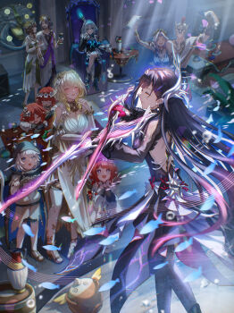 2girls 6+girls absurdres aglaea_(honkai:_star_rail) ancient_greek_clothes animal_ears animal_hood beer_mug black_dress black_hair black_hood blonde_hair blue_dress blue_eyes blue_hair breasts brown_dress cat_ears cat_girl cat_hood cerydra_(honkai:_star_rail) character_request cheering cipher_(honkai:_star_rail) cipher_(in_pursuit_of_the_wind)_(honkai:_star_rail) cleavage commentary_request cross-shaped_pupils crown cup dress dried_fish eating greco-roman_clothes grey_hair head_wreath helmet highres holding holding_cup holding_instrument holding_violin honkai:_star_rail honkai_(series) hood hysilens_(honkai:_star_rail) instrument isome large_breasts laurel_crown mug multiple_girls music official_alternate_costume playing_instrument pointy_ears red_hair sitting_on_throne smile symbol-shaped_pupils table tiara trianne_(honkai:_star_rail) tribbie_(honkai:_star_rail) trinnon_(honkai:_star_rail) violin white_dress