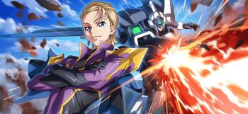 1boy black_gloves blue_eyes bodysuit closed_mouth code_geass code_geass:_lost_stories code_geass_(manga) f4samurai game_cg gloves highres knightmare_frame looking_at_viewer mecha official_art purple_bodysuit robot schnee_hexenhaus short_hair